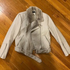 Aviator light grey biker vegan leather jacket fur Forever 21 L zipper large